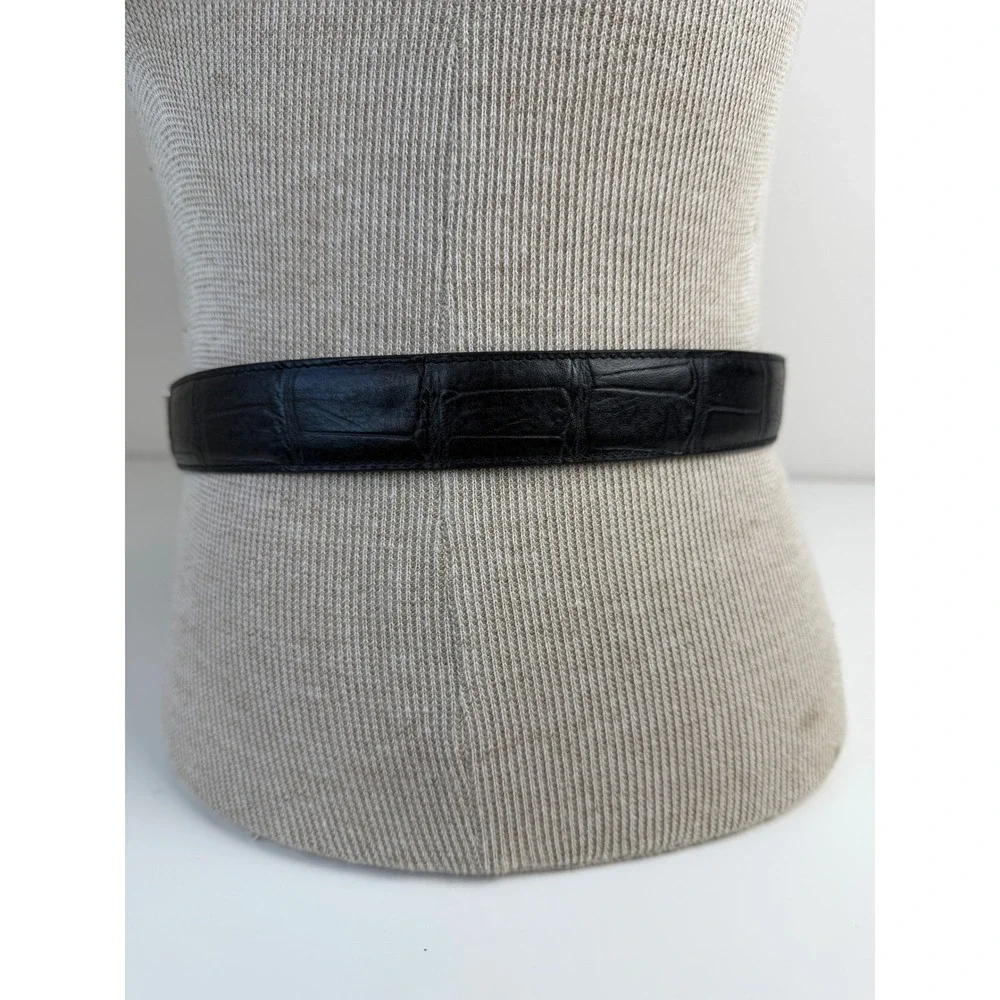 VTG Cole Haan Mens Leather Belt 36 Black Croc Embossed Solid Brass Buckle USA